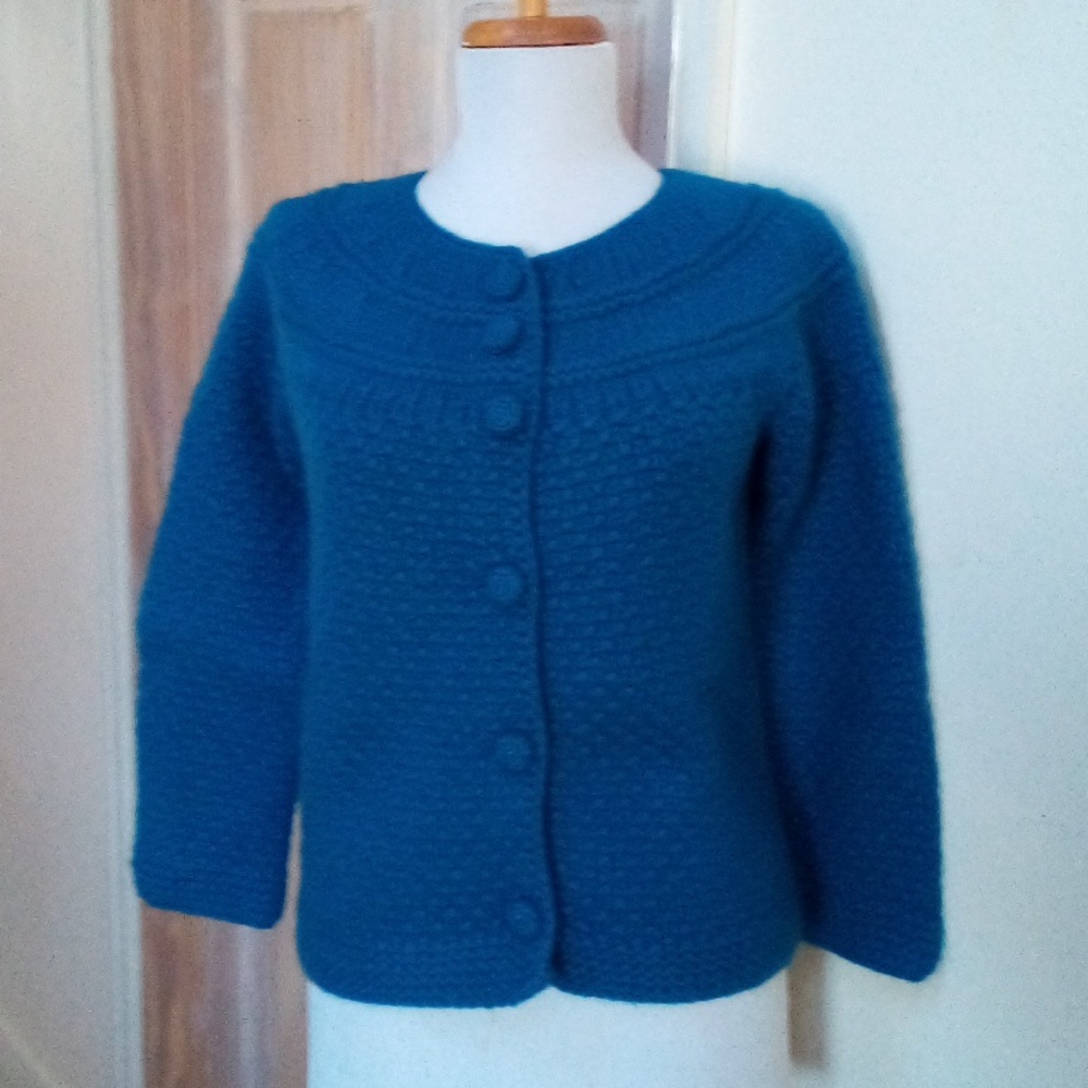 SUTTON CASHMERE 70% Wool 30% Cashmere Thick Blue Crewneck Cardigan - Size S